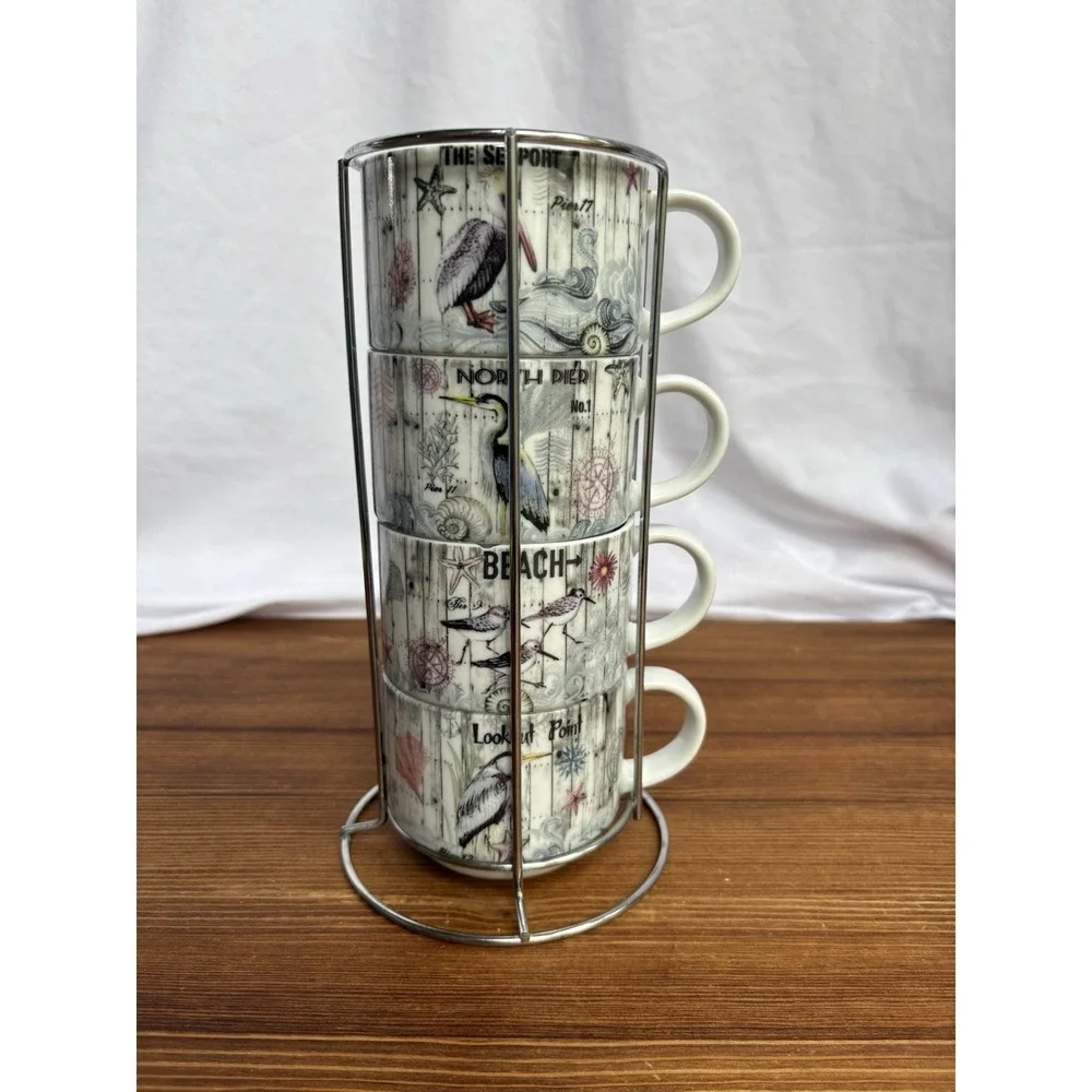Pier 1 Coastal Nautical Mug Set w Metal Rack Beach Sea Bird Ceramic Cups